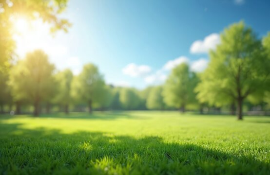 Rich green grass field with trees and blue sky, bright sun shining through branches. Peaceful park background for relaxation and outdoor activities.