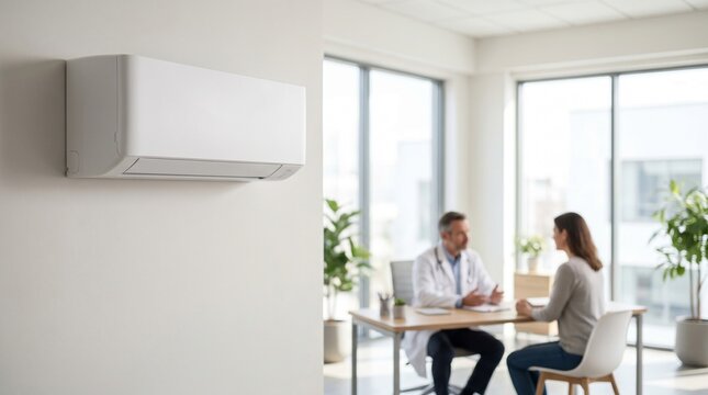 Modern air conditioner mounted on a white wall in a medical clinic. Blurred background of a male doctor consulting a female patient in a bright hospital office. Healthcare climate control and clean ai