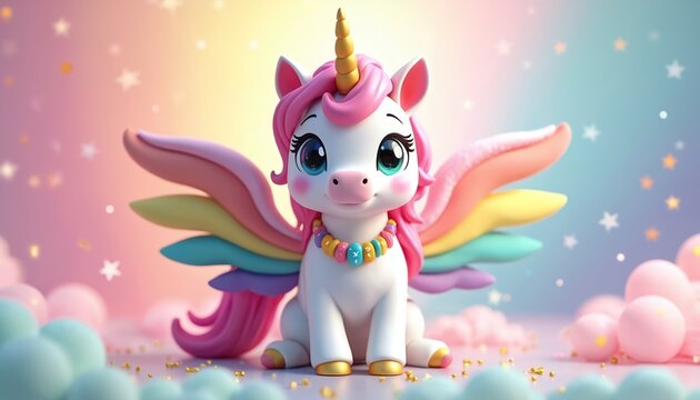 Cute cartoon unicorn with rainbow wings sits on soft clouds. Adorable fantasy creature with pink mane wears colorful bead necklace. Sparkly stars and balloons surround it.