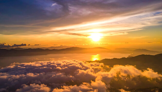 Golden sunrise over misty clouds and cityscape, warm sun glow, serene morning light, peaceful atmosphere, beautiful dawn sky