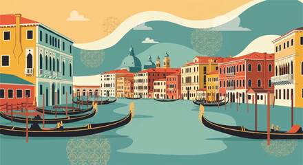Colorful vector illustration of canal cityscape with gondolas and buildings © HALEDS