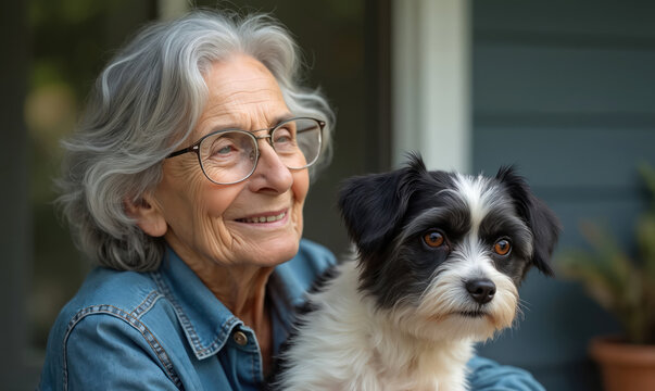 Elderly woman with glasses smiles holding black and white small dog. Senior lady cherishes companion animal on house porch. Female pet owner bonds with canine friend outdoors.