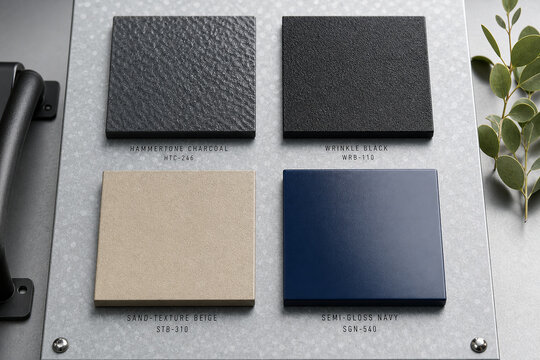 Four squares of paint samples are shown on a display board. The colors include black, navy, beige, and charcoal. Each sample has a different texture and finish.