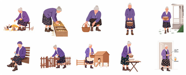 Senior woman farmer character collection, elderly lady collecting organic eggs and feeding chickens on poultry farm, flat vector illustration © Alara