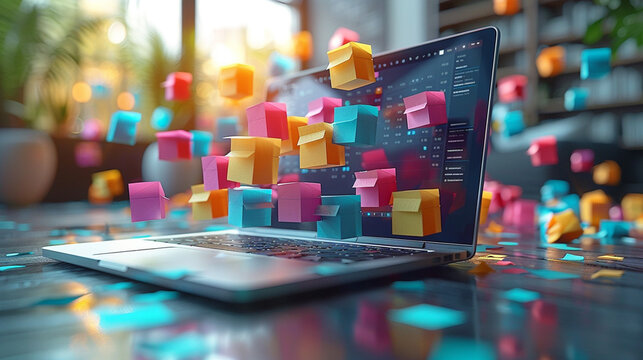 Colorful sticky notes floating around a laptop computer screen, displaying a digital calendar and various task management elements.