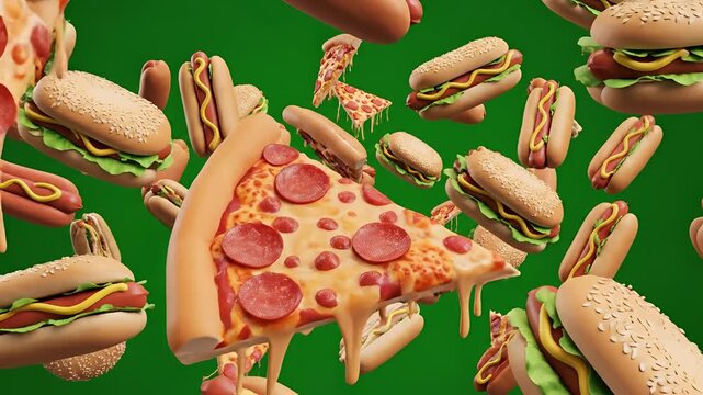 Delicious Fast Food Feast Pizza Hot Dogs Hamburgers Flying Green Background.