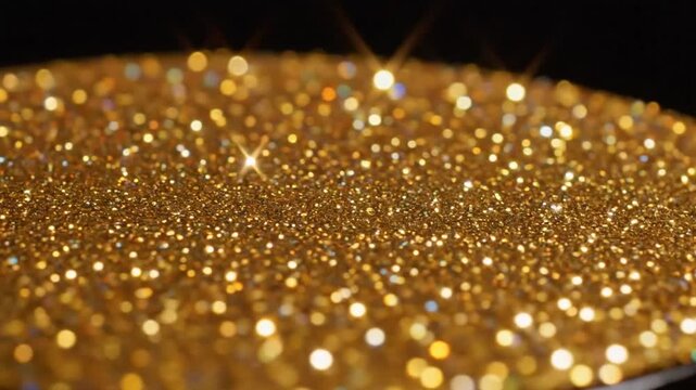 Close-up of golden glitter shimmering and sparkling on a dark background, showing bright and festive light
