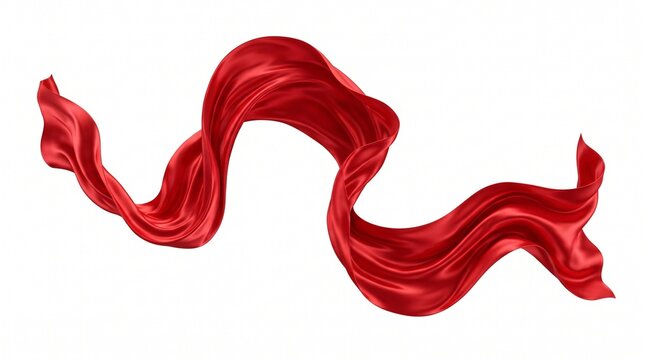 AI generated elegant flowing red satin fabric ribbon waving in the air, featuring smooth silky texture and dynamic ripples, isolated on a pure white background, realistic 3D render commercial design a