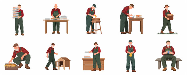 Senior farmer character set collecting and sorting fresh eggs on poultry farm vector illustration © Alara