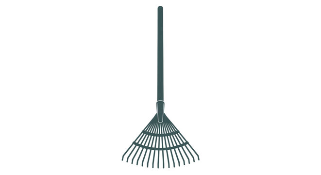 Green garden rake with long handle.
