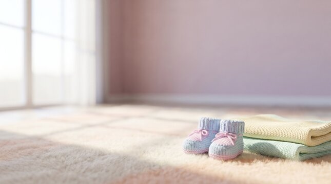 Soft knitted baby booties and folded blankets on a fluffy carpet in a sunlit room, symbolizing warmth, hope, and anticipation for a newborn's arrival