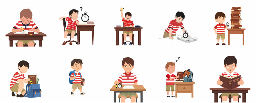 Set of cute schoolboy character illustrations showing various study activities, time management, and classroom behavior for education concept