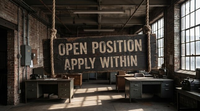 A timeless 'Open Position Apply Within' sign hangs in a desolate yet hopeful retro office environment, representing traditional employment and recruitment