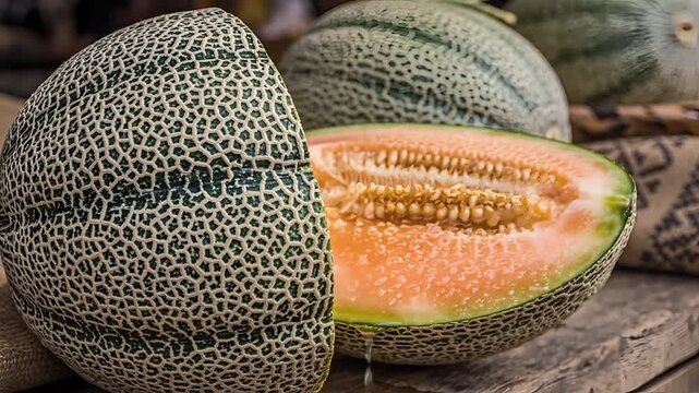 Fresh Cantaloupe Melon Halved on Rustic Wooden Table.
