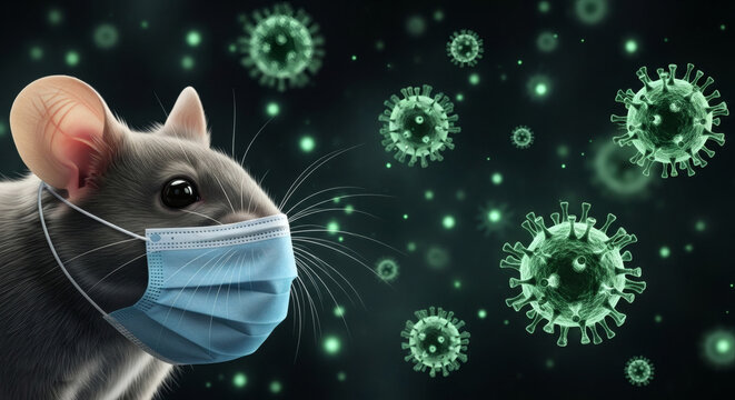 A cute grey mouse wearing a blue surgical face mask protection to stay safe from the floating green microscopic viruses in a dark laboratory research setting
