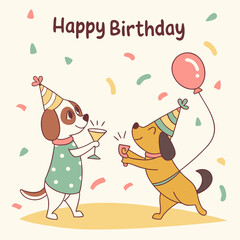 Fototapeta premium Happy Birthday postcard design with funny dogs celebrating holiday at the party. Greeting card with cute animals friends drinking alcohol cocktails and dancing together. Flat vector illustration