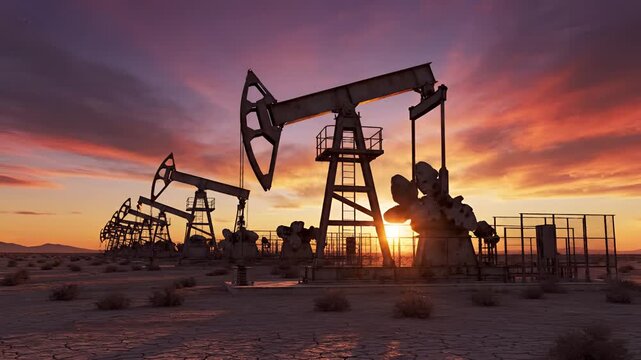 Oil Pumpjacks Silhouetted Against a Dramatic Sunset Sky.
