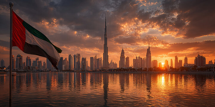 Dubai Skyline at Golden Hour Sunset with Flag