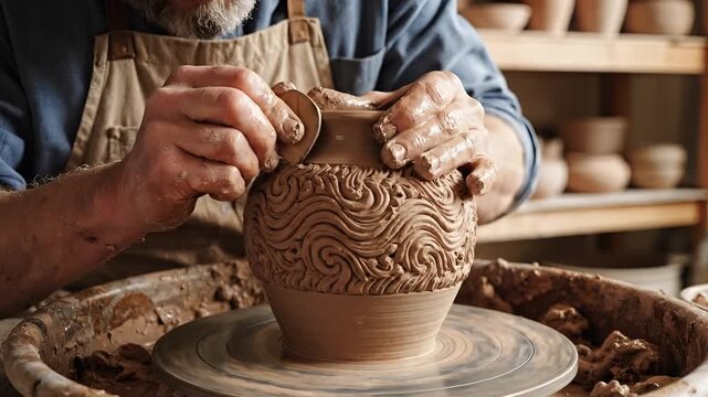 Skilled Artisan Crafts Unique Ceramic Pot on Pottery Wheel.