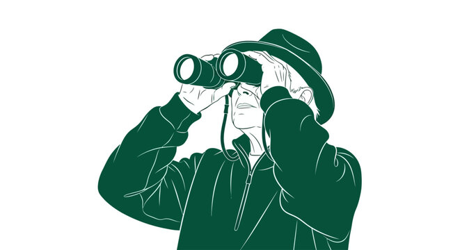 Man looking through binoculars closely.