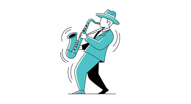 Man playing a blue saxophone musically.
