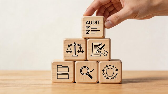 Hand placing wooden block with audit text on pyramid stack, business compliance and financial inspection concept for corporate governance