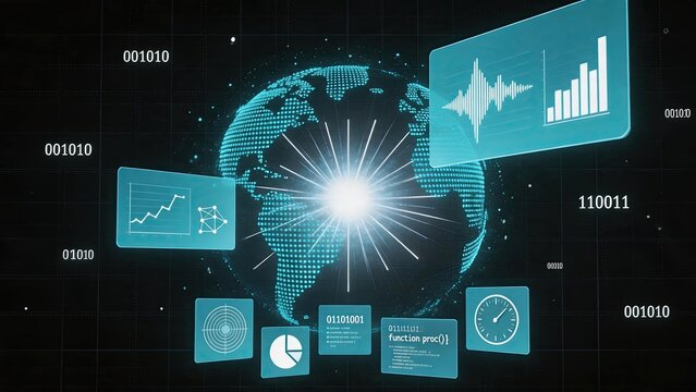 Digital earth globe with data screens showing graphs and charts, global technology network connection and big data analytics visualization background