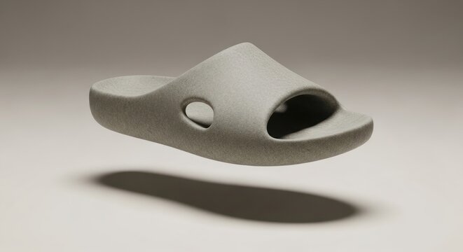Modern Grey Slip-On Sandal Floating with Shadow on Neutral Background