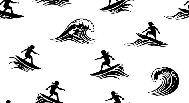 Black and white repeating surfing wave pattern design.