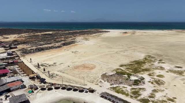 Drone flight over coastal desert and turquoise Caribbean sea in Cubagua

