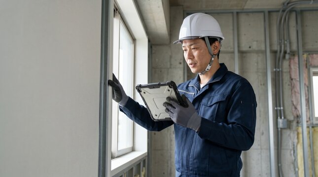 内装工事の現場で開口部の点検を行う日本人男性の現場監督の中途採用イメージ