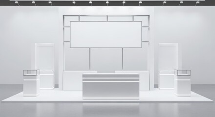 Fototapeta premium Modern minimalist white and grey exhibition stand with display screen and counter for trade show or event.