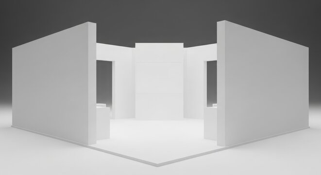 Minimalist white empty exhibition booth or room with angular walls and open spaces.