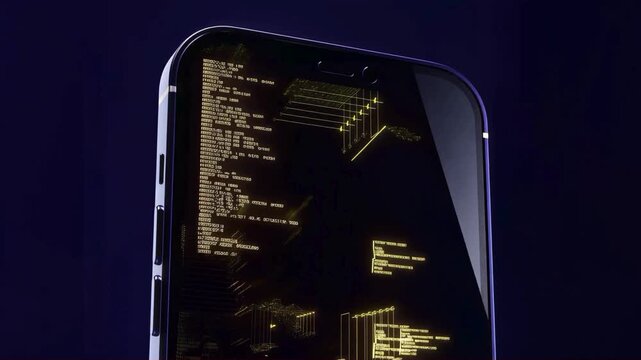 Abstract fintech background of a sleek smartphone screen displaying glowing holographic data streams and golden neon security code patterns