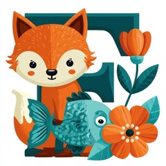 Fototapeta premium A colorful scene features a fox, fish, and flower arranged together illustrating the letter F using flat cartoon style on a white background.