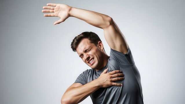 A man in a grey t-shirt grimaces in pain while holding his shoulder, possibly due to injury or muscle strain.