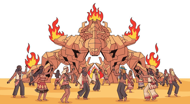 Tribal People Dancing Around A Giant Burning Totem