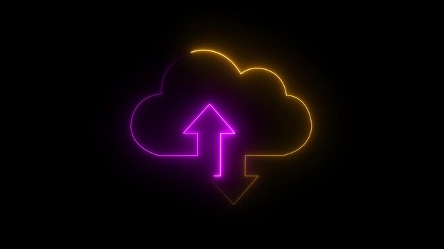 abstract Glowing neon cloud storage with arrows, looped animation. Cloud space and technology, data backup icon