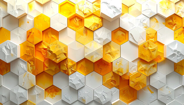 Geometric honeycomb pattern with white and golden hexagonal cells, textured with organic liquid and stone effects, suggesting natural structures and modern design elements