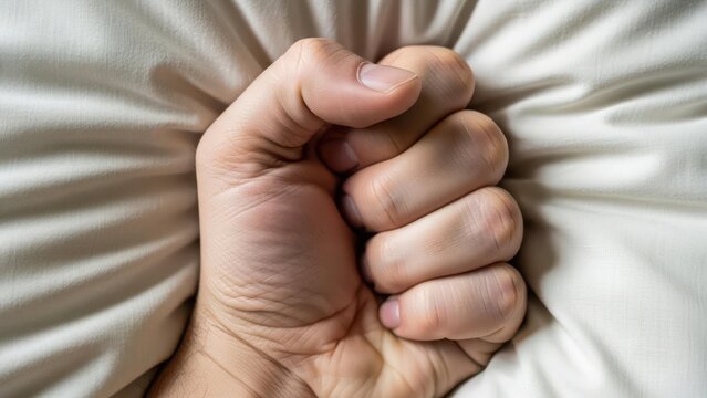 A close-up shot of a human hand tightly clenched into a fist, gripping a wrinkled white fabric, conveying feelings of stress or determination.