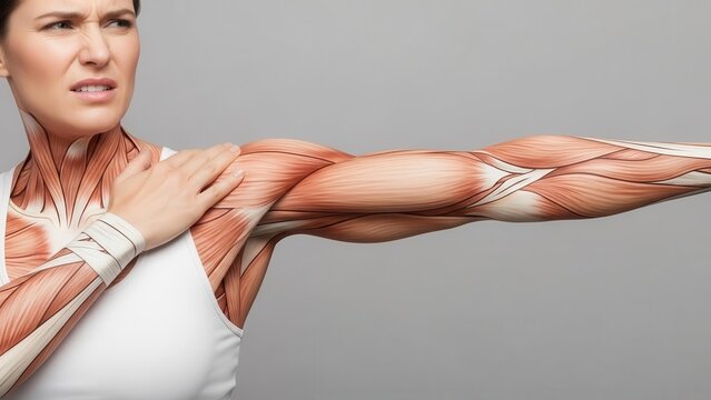 Woman experiencing shoulder pain with an anatomical illustration of muscles on her arm and shoulder.