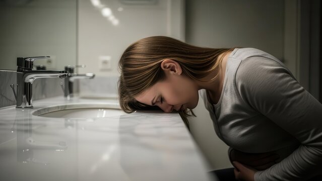 A woman experiencing nausea or morning sickness in a modern bathroom, leaning over a white marble sink with her hand on her stomach.