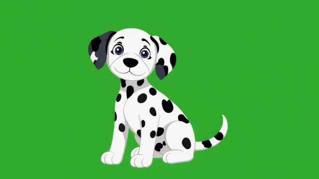 Cute cartoon dalmatian puppy sitting isolated on a green screen chroma key background.