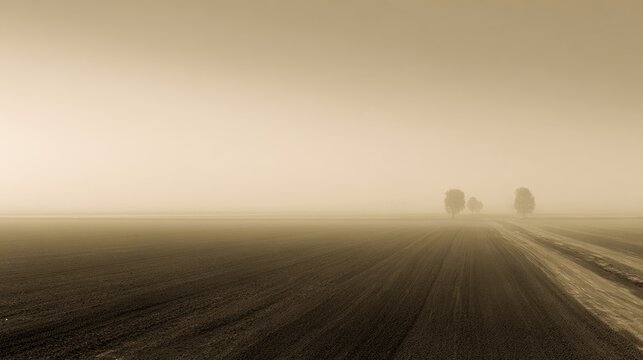 A thick milky fog blanketing a quiet rural farm field at dawn with distant trees barely visible.