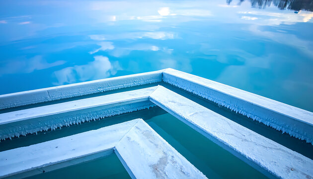 geometric ice formations on outdoor pool steps, winter atmosphere, clear sky reflection on water