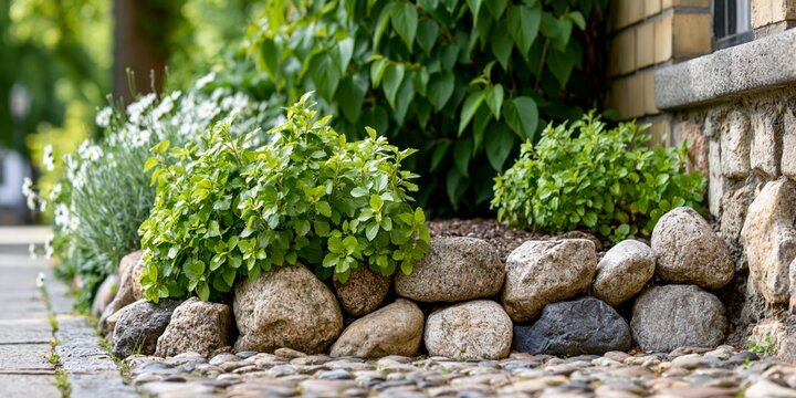 Residential Garden Landscaping With Natural Stone Border And Green Shrubs For Home Improvement And Outdoor Design