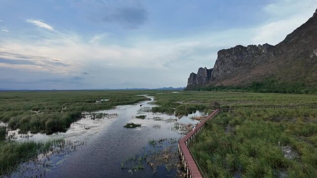 Serene Waterway Through Wetlands: A tranquil wooden boardwalk winds its way through a vast, verdant wetland under a dramatic sky, with rugged mountains looming in the distance.