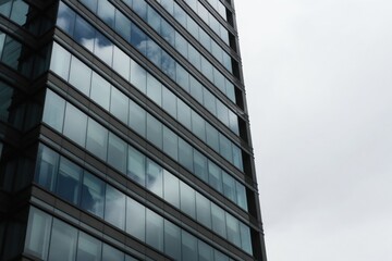 Fototapeta premium Modern glass skyscraper facade reflects cloudy sky. Building exterior shows rows of windows and dark frames. Contemporary office tower structure in city.