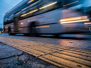 Custom blinds with your photo Dynamic blur of a city bus in motion, speeding down an urban street with distinctive yellow tactile paving under the soft glow of evening twilight, symbolizing modern public transportation