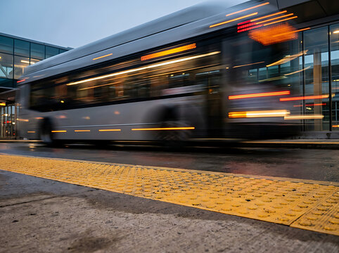 Motion blur effect of a public transportation bus speeding past a station platform at night